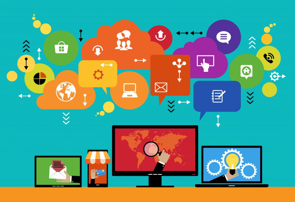 Flat design vector concept network marketing. Smartphone, tablet, laptop, monitor surrounded interface icons, speech bubbles and clouds. File is saved in AI10 EPS version. This illustration contains a transparency