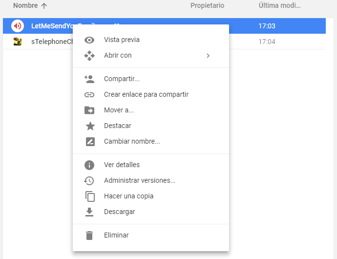 opciones de Google Drive para un documento