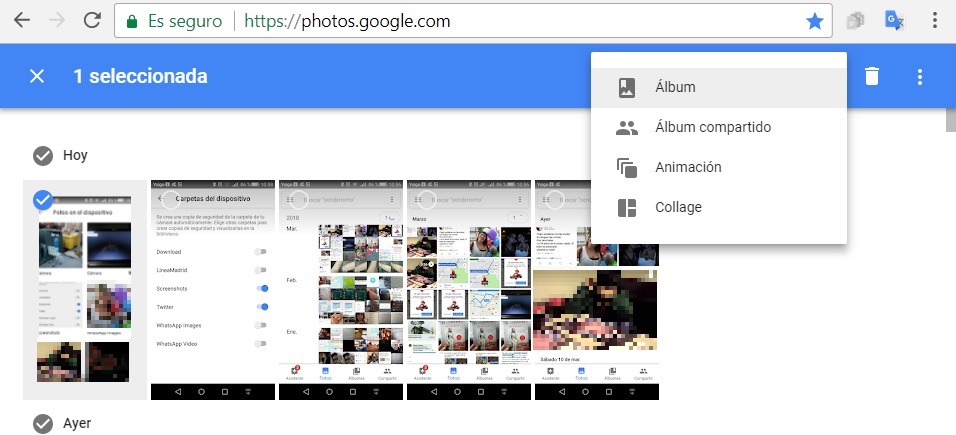 agregar fotografias a un album de google fotos