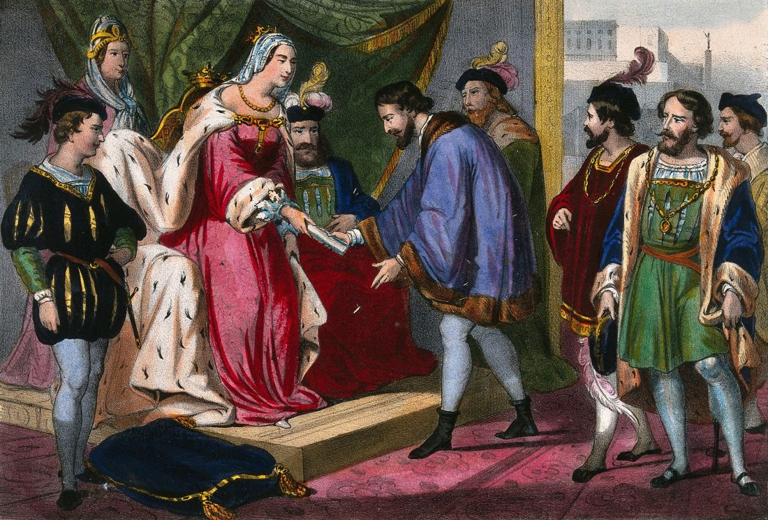 La reina Isabel I de Castilla entrega a Cristóbal Colón su nombramiento como virrey de los territorios que descubr, Cassé frères à St Gaudens, Wellcome Collection 