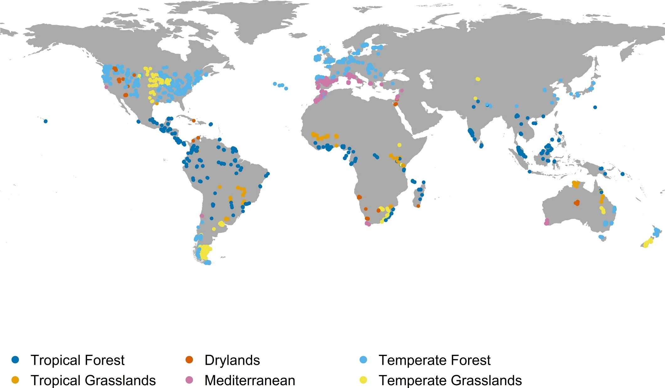 mapa con las zonas con más animales extintos del planeta. Destaca el mediterráneo y los trópicos