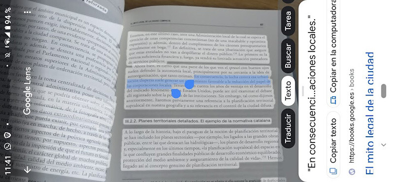 google lens captura texto de un libro impreso
