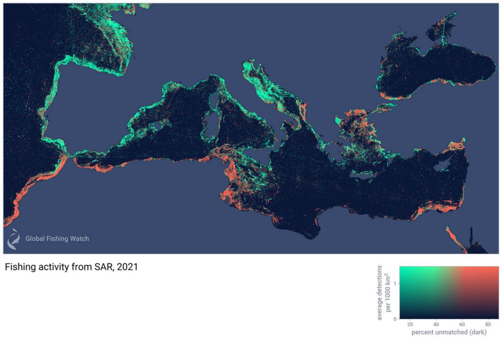 mapa con la actividad pesquera alrededor de España e Italia