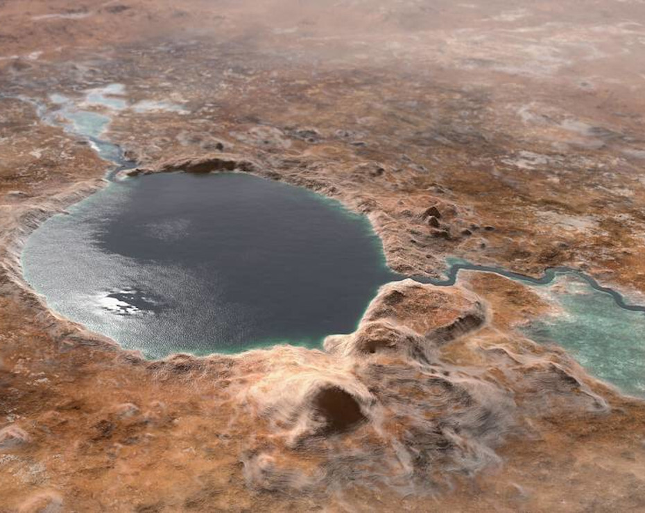 recreación del cráter Jezero con un río, un lago y un delta en Marte