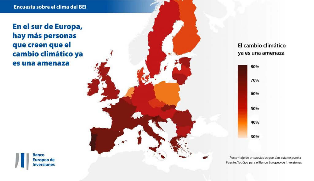 Mapa que refleja las diferencias en la percepción del cambio climático entre los países de Europa.