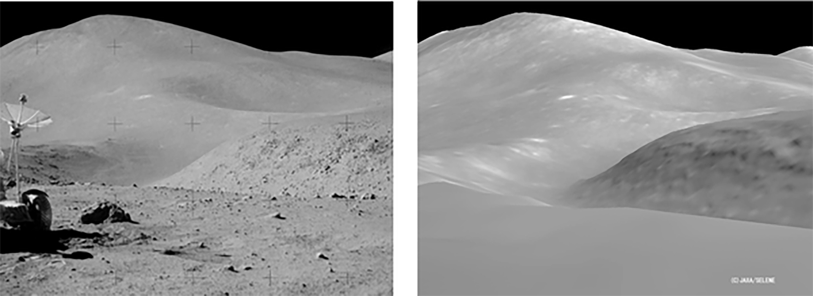 A la izquierda, foto del Mar de la Tranquilidad tomada por los astronautas; a la derecha, foto del mismo paisaje tomada por la sonda japonesa Selene. Alunizaje
