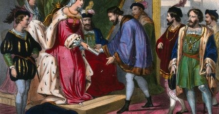 La reina Isabel I de Castilla entrega a Cristóbal Colón su nombramiento como virrey de los territorios que descubr, Cassé frères à St Gaudens, Wellcome Collection