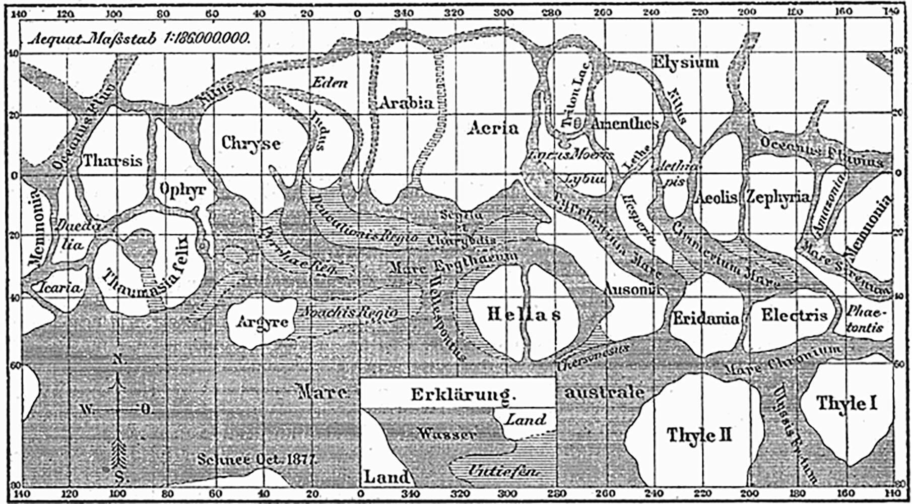 El mapa de Marte publicado por Schiaparelli en 1888